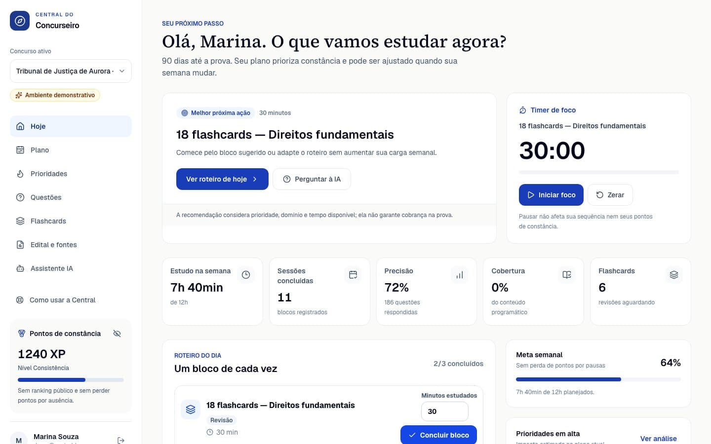 Painel da Central do Concurseiro com o próximo bloco de estudo e dados demonstrativos